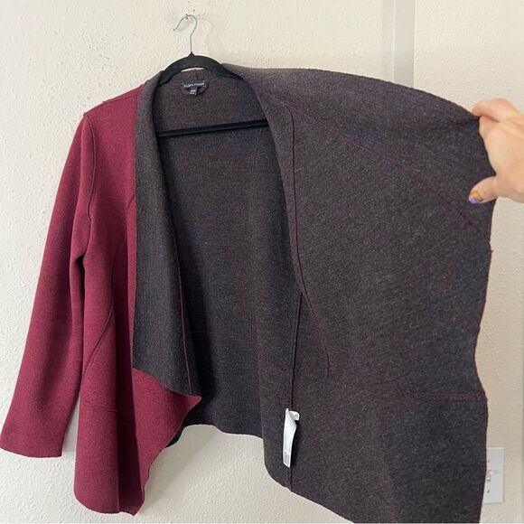 Eileen Fisher Burgundy Structured Moto Long Jacket Cardigan Medium Merino Wool - Picture 8 of 11